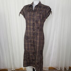 Falconnable brown plaid and floral linen button down dress cap sleeve with tie M